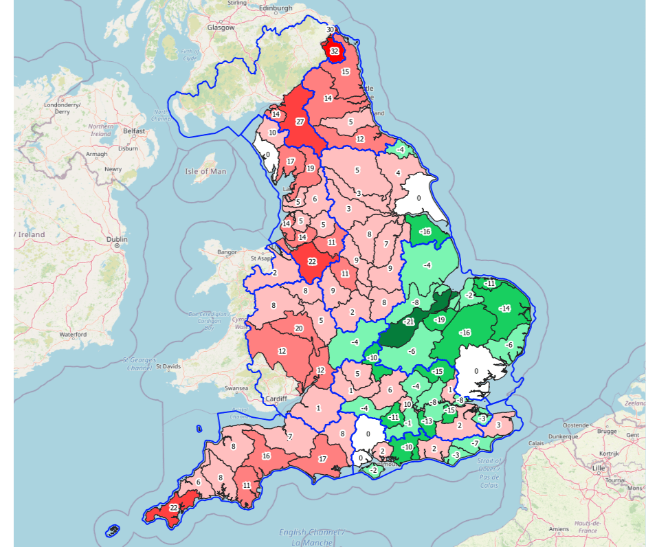 Map of the UK depicting the relative change in Central Allowance for the 2080s